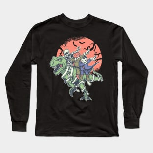 Funny Dabbing Boys Skeleton Pumpkin riding a T Rex Long Sleeve T-Shirt